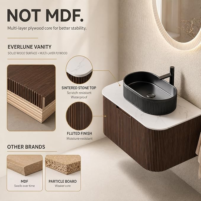 30 Inch Bathroom Vanity with Sink, Floating Wall Mounted Single Sink Vanity, Dark Walnut Curved Fluted Front, Stone Top, Black Textured Oval Vessel Basin, Pre-Assembled