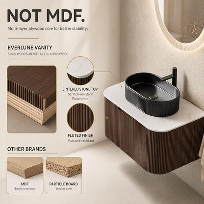30 Inch Bathroom Vanity with Sink, Floating Wall Mounted Single Sink Vanity, Dark Walnut Curved Fluted Front, Stone Top, Black Textured Oval Vessel Basin, Pre-Assembled