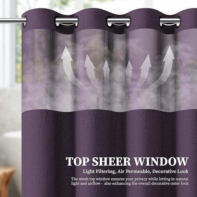 Purple Ringless Linen Textured Shower Curtain with Snap in Liner 72x75 | 3 in 1 Hotel Shower Curtain Set, Removable Liner, Waterproof & Washable, Mesh Top Window, Durable Fabric, Easy to Install