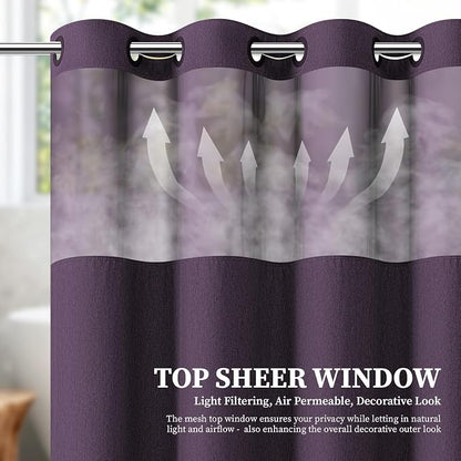 Purple Ringless Linen Textured Shower Curtain with Snap in Liner 72x75 | 3 in 1 Hotel Shower Curtain Set, Removable Liner, Waterproof & Washable, Mesh Top Window, Durable Fabric, Easy to Install