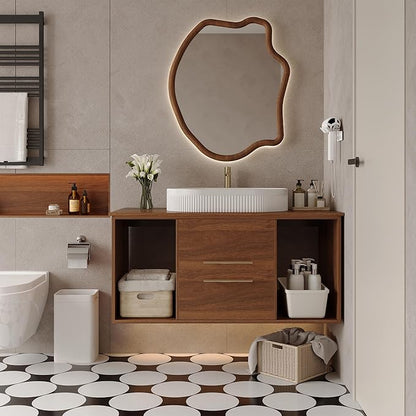 40" Bathroom Vanity with Sink Set, Modern Wall Mounted Bathroom Vanity Cabinet with Above Oval Ceramic Sink,Gold Handle 2 Drawers&2 Open Storage, Single Sink Floating Bathroom Vanity, Walnut