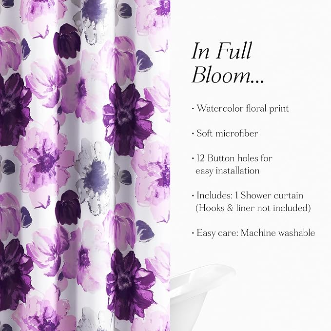 Lush Decor Leah Floral Shower Curtain, 72" W x 72" L, Gray/Purple - Fabric Shower Curtains - Watercolor Botanical Bathroom Curtain - Farmhouse & French Country Decor