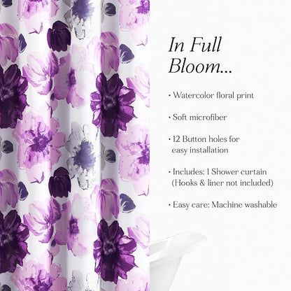 Lush Decor Leah Floral Shower Curtain, 72" W x 72" L, Gray/Purple - Fabric Shower Curtains - Watercolor Botanical Bathroom Curtain - Farmhouse & French Country Decor