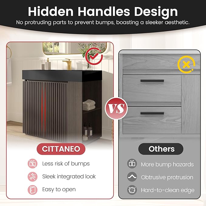 36" Bathroom Vanity with Sink, Freestanding Single Sink Bathroom Vanity with Black Engineered Stone Top & Open Side Storage, Soft-Closing Doors with Adjustable Shelf, Smoked Oak Brown