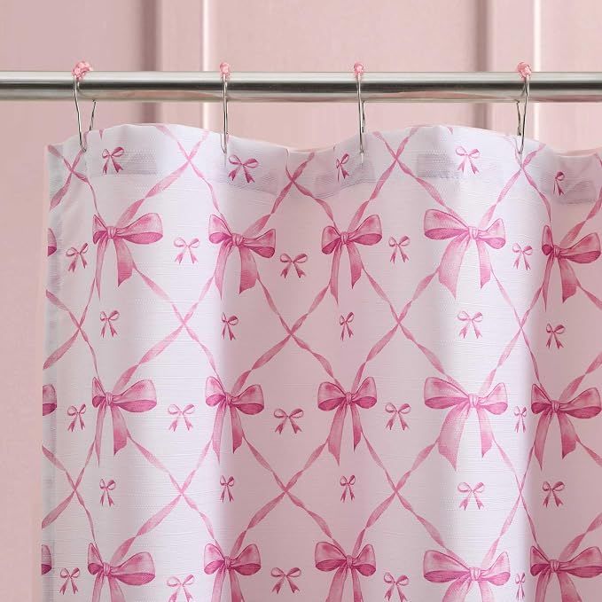 Betsey Johnson - Shower Curtain Set, 72 x 72 Bathroom Curtain with PEVA Shower Liner and 12 Pack Hooks, Soft Textured Polyester Curtain, Festive Bow Trellis Pink