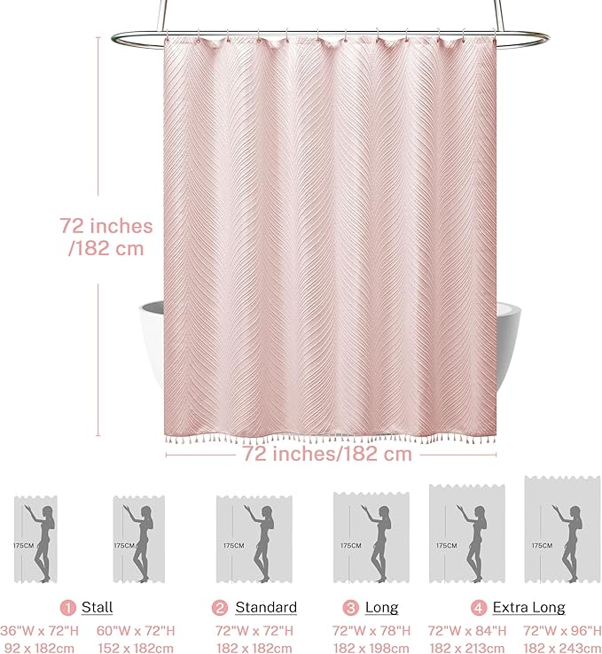 Pink Shower Curtain Cute Shower Curtain Fabric Shower Curtains for Girl Tufted Leaves Textured Striped Modern Cloth Shower Curtains for Bathroom, 72" x72"