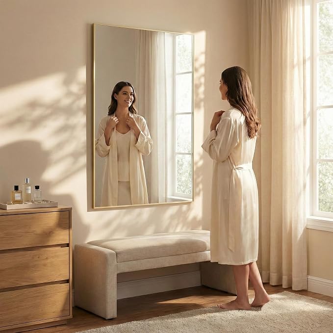 48"x30" Satin Gold Large Framed Bathroom Vanity Wall Mirror | Large Vanity Wall Mirror, Slim Metal Frame, Dresser or Sideboard Use, Vertical/Horizontal Mount, Tempered Glass