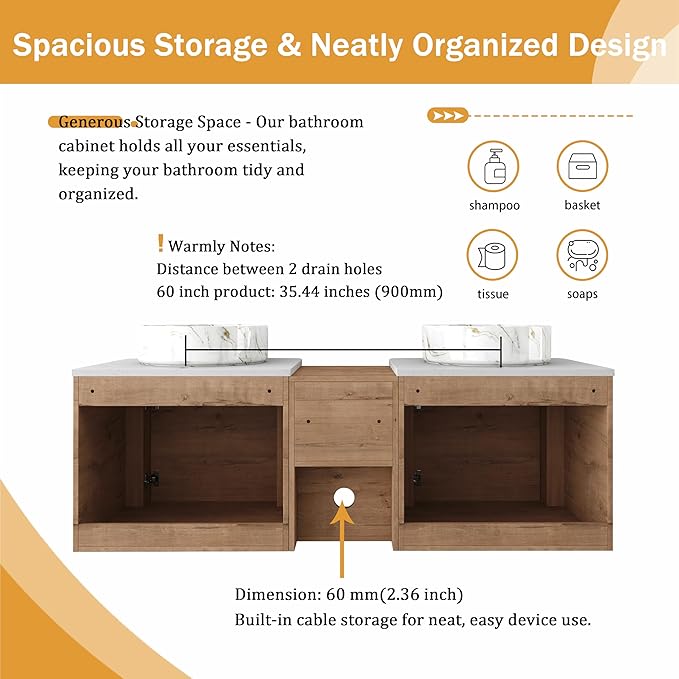 Malwee 60" Floating Bathroom Vanity with Sink, 60 Inch Wall Mounted Bathroom Cabinet Combo, Modern Double Sink Bath Storage Vanity Set, with 2 Soft Close Doors and Ceramic Vessel Basin Top(60-PP