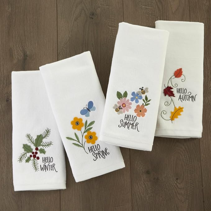 SKL Home Hello Winter Holly Hand Towel Set-2pc, 100% Cotton, White | Soft, embroidered velour with 3D applique. Great for the bathroom, kitchen or bar & holiday gifting.