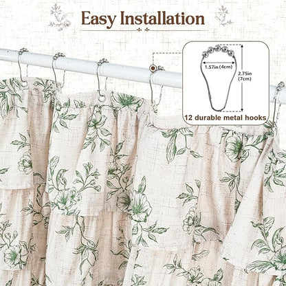Extra Long Farmhouse Ruffle Shower Curtains with Green Floral, 72"Wx90"L | French Country Vintage Rustic Washable Waterproof Shower Curtain for Bathroom Bathtub, 12 Metal Hooks