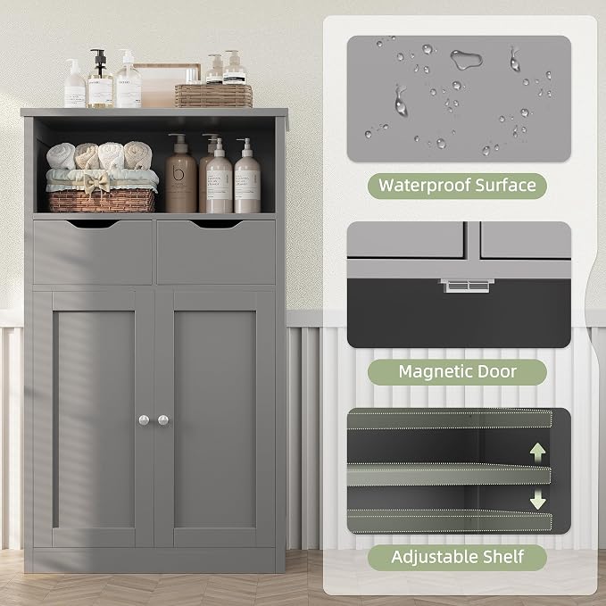 Shintenchi Floor Storage Cabinet, Bathroom Storage Organizer with Doors and Drawers, Freestanding Side Cupboard Pantry with Adjustable Shelf for Bathroom/Kitchen/Livingroom, Gray