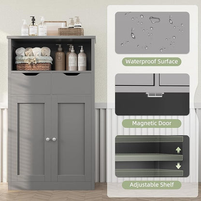 Shintenchi Floor Storage Cabinet, Bathroom Storage Organizer with Doors and Drawers, Freestanding Side Cupboard Pantry with Adjustable Shelf for Bathroom/Kitchen/Livingroom, Gray
