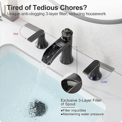 Waterfall Bathroom Faucets 3 Hole, 8 Inch Brass Oil Rubbed Bronze Bathroom Faucet, 2 Handles Bathroom Sink Faucet, Widespread Faucet for Bathroom Sink with Pop-up Drain & Hose