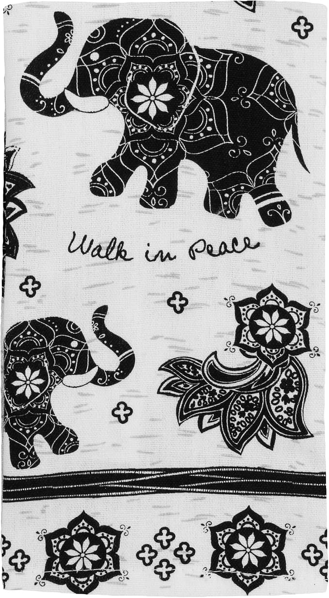 Karma Gifts Black And White Boho Tea Towel, Cotton, Elephant 18" x 22"