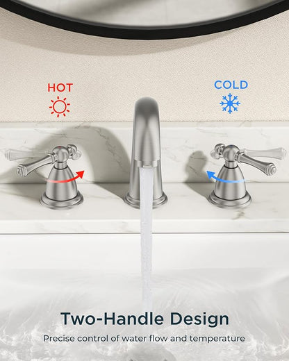 FORIOUS Bathroom Faucet 3 Hole Widespread 8" Sink Faucets Brushed Nickel | 3-hole 6-12 Inch Widespread Sink, 2 Lever Handle, with Drain and Hoses,for Vanity Rv Commercial Lavatory Restroom Farmhouse