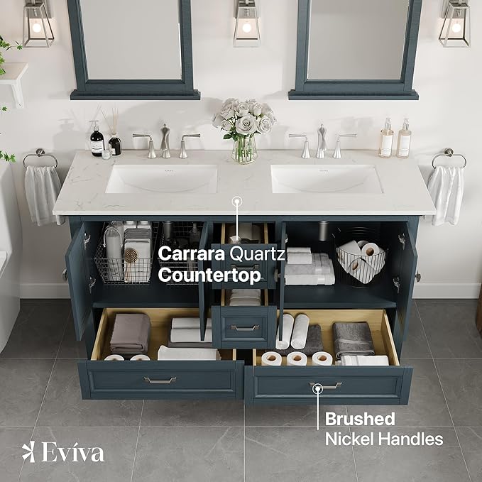 Eviva Britney 60 in. Ash Blue Double Sink Bath Vanity with Carrara Quartz Top and Undermount Porcelain Sinks