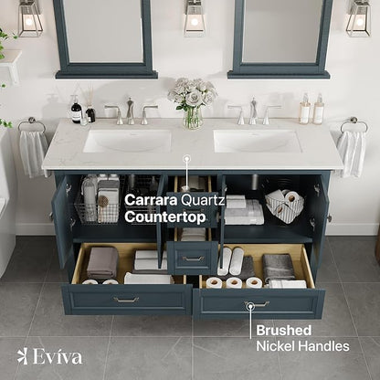 Eviva Britney 60 in. Ash Blue Double Sink Bath Vanity with Carrara Quartz Top and Undermount Porcelain Sinks