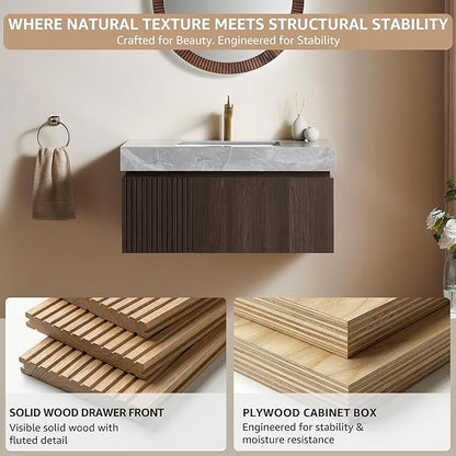 30” Floating Bathroom Vanity with Sink, Wall-Mounted Cabinet with Drawer & Doors, Gray Travertine-Pattern Sintered Stone Top, Undermount Basin, Single Faucet Hole, Soft-Close, Pre-Assembled, Dark Oak