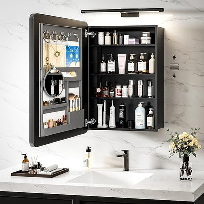 Medicine Cabinet with Mirror, 20x30 Inch Aluminum Bathroom Cabinet with Adjustable Shelves, Built-in Makeup Storage, Recessed or Surface Mount, Soft Close Hinges, Matte Black