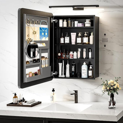 20x26 Black Medicine Cabinet Mirror, Recessed or Surface Mount | Built-in makeup organizer with lipstick slots, Brush holders and inner mirror; 3 adjustable shelves; Rustproof aluminum