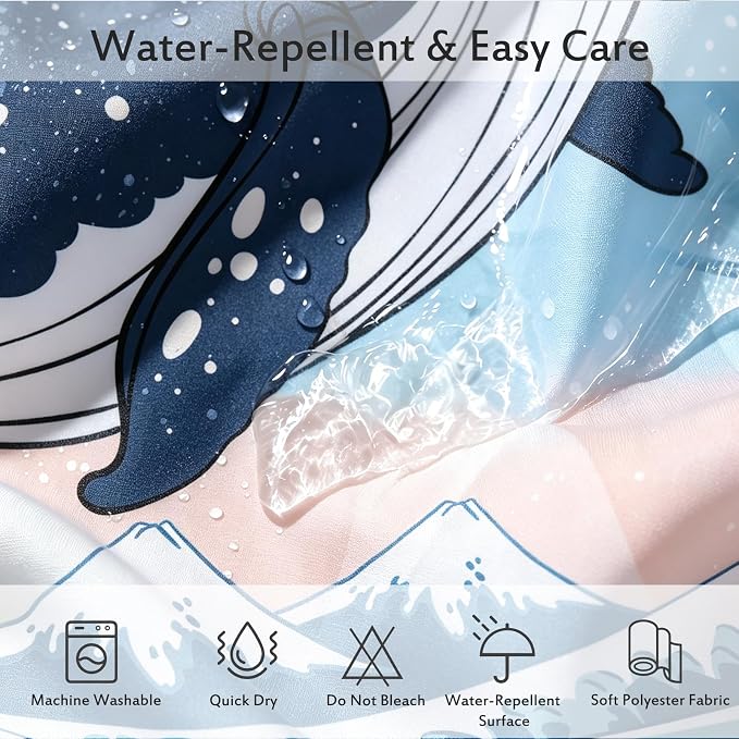 Aimego Long Funny Shower Curtain - Cute Cat Riding Whale Holding Trident in Ocean Wave, Shark Cat Fabric Cloth Fun Bath Shower Curtain Set with 12 Hooks for Bathroom Decor Bathtub Curtain, 72"x78"