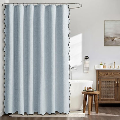 MIULEE Light Blue Scalloped Linen Shower Curtain 72x72 Inches | Linen Textured, Waterproof, Washable, 12 Metal Hooks, Heavy Duty Cloth, Black Border, Shower Curtain for Bathroom Bathtub