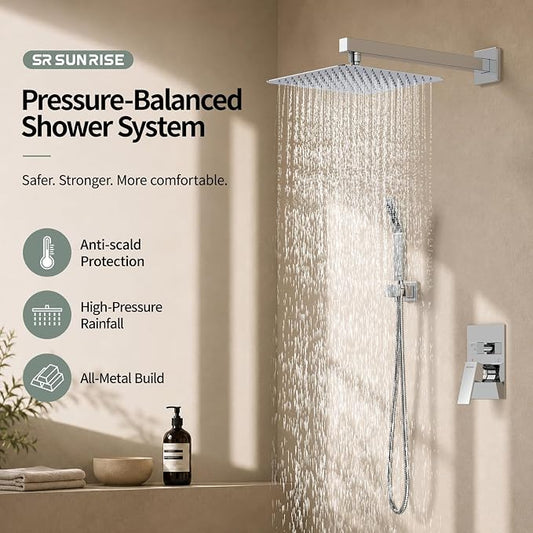 SR SUN RISE Polished Chrome Square Rainfall Shower Head and Handle Set, Wall Mounted Shower Fixtures, Metal Shower Faucet Trim Repair Kits (With Shower Valve)