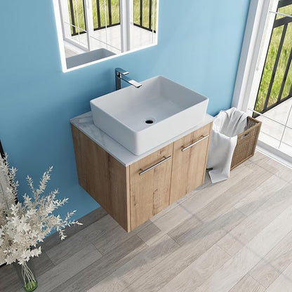 24" Floating Vanity with Sink, 24 Inch Bathroom Vanity with Sink, Modern Plywood Floating Cabinet with Sintered Stone Countertop and White Ceramic Basin, Soft Close Doors