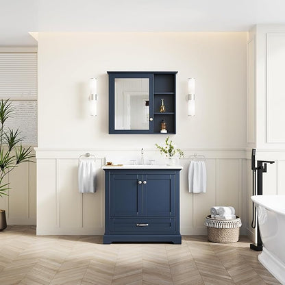WELLFOR 36" Bathroom Vanity with Sink, Bathroom Freestanding Vanity W/ 2 Soft-Close Doors and 1 Soft-Close Drawers, Bathroom Cabinet Vanity with Cultured Marble Countertop (Navy Blue)