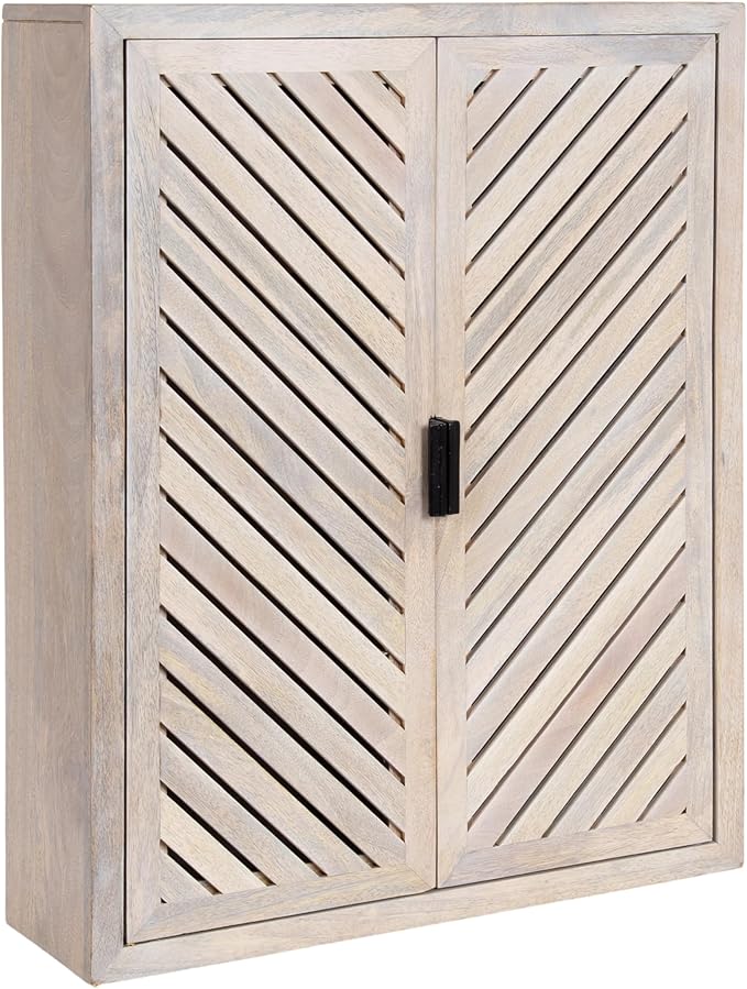 Kate and Laurel Mezzeta Decorative Coastal Two-Door Floating Bathroom Cabinet; 22 x 7 x 28; Whitewash; Decorative Over Toilet Storage Cabinet Made from Solid Mango Wood with Slatted Chevron Design