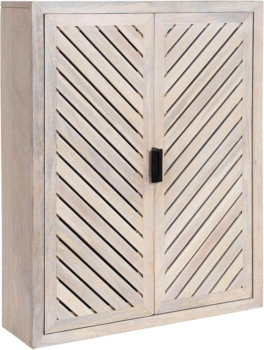 Kate and Laurel Mezzeta Decorative Coastal Two-Door Floating Bathroom Cabinet; 22 x 7 x 28; Whitewash; Decorative Over Toilet Storage Cabinet Made from Solid Mango Wood with Slatted Chevron Design