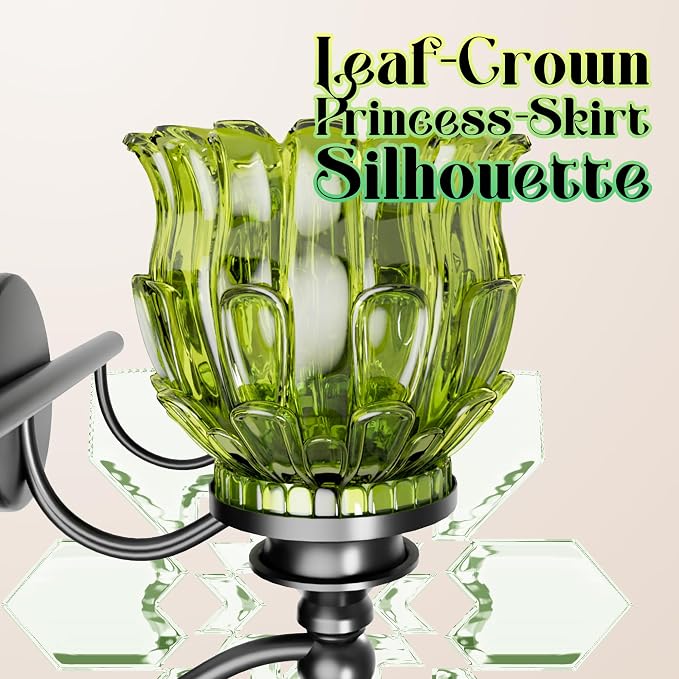 3-Light Bathroom Vanity Light Fixture Wall Mounted Mirror Front Lamp | with Water-Lily Shaped Green Crystal Glass Shade, Modern Black Antique Finish Lamp for Mirror Kitchen Living Room Hallway