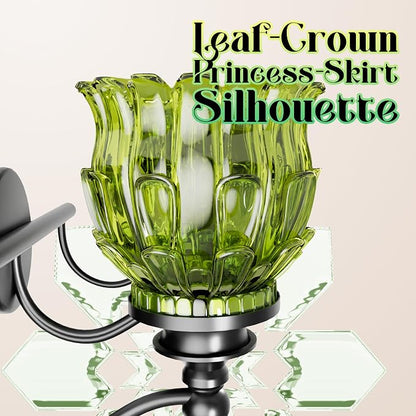 3-Light Bathroom Vanity Light Fixture Wall Mounted Mirror Front Lamp | with Water-Lily Shaped Green Crystal Glass Shade, Modern Black Antique Finish Lamp for Mirror Kitchen Living Room Hallway