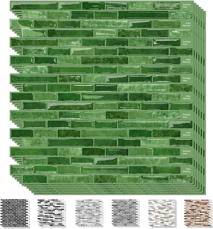 URCOLOR 10-Sheet Kitchen Backsplash Tiles Peel and Stick, 12”×12” Self Adhesive Wall Tile for Bathroom, Jade Green