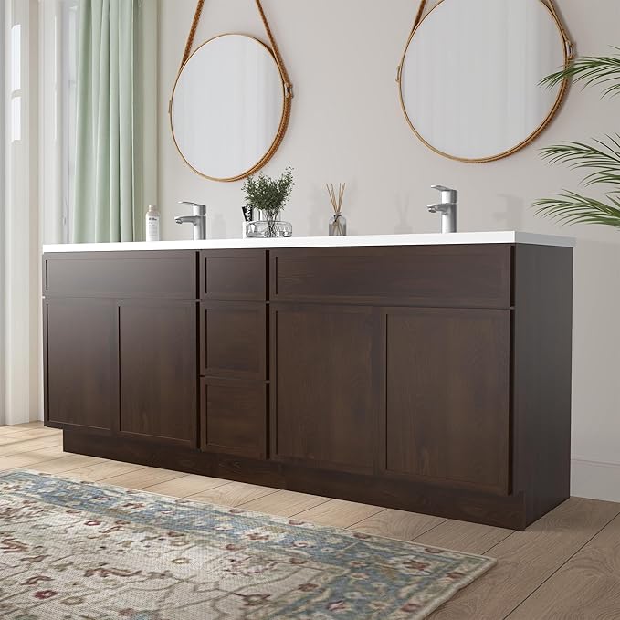 HomeBeyond 84 Inches Bathroom Vanity Base Cabinet Without Sink, Double Sink Top Sturdy Floor Mounted Cabinet with Door & Soft Closing Drawers, Brown, VA4136-2+VA4112-3