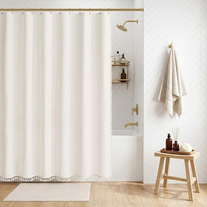 Cream Linen Shower Curtain with Tassels Water Repellent 72x96 Inch | Modern Elegant Bohemian Country Minimalist Style, Bathroom Decor Shower Curtains, Ivory Natural, Fabric Drapes, with Hooks