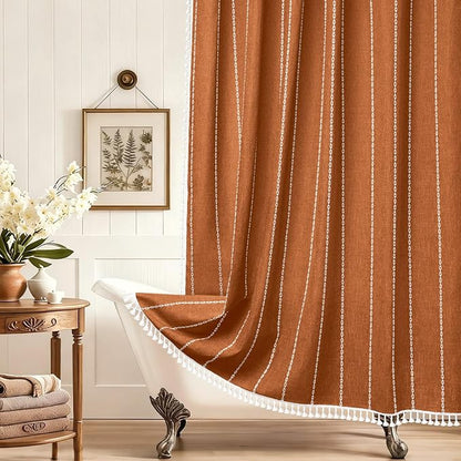Seenus 72 x 76 inch Extra Long Boho Chic Shower Curtain Heavyweight with Tassels, Sunset Orange Linen Textured Fabric Farmhouse Shower Curtain, Elegant White Striped Bathroom Curtain Water Repellent