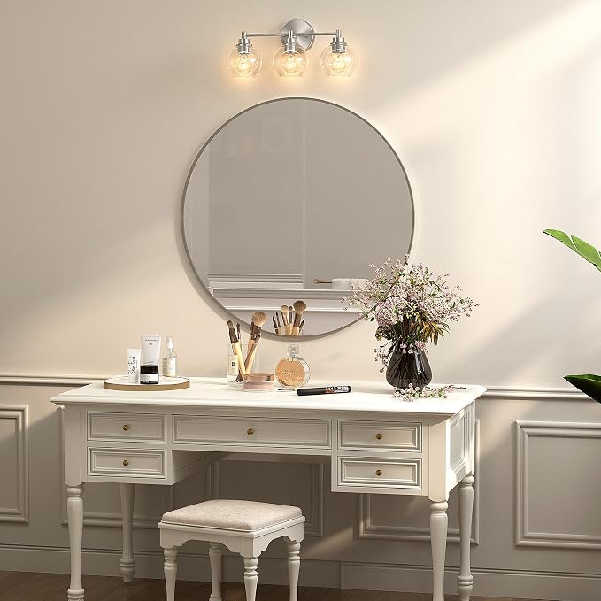 VONLUCE 3 Light Bathroom Vanity Light Fixtures, Brushed Nickel Finish | Globe Glass Shades, E26 Sockets, Easy to install, ETL Certificated, Vanity Lights for Bedroom Hallway Living Room
