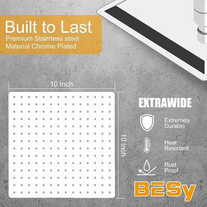 10 Inch Rain Shower Head High Pressure Rainfall Shower Head Chrome | Square Rain Bathroom Showerhead, High Flow, Large Stainless Steel, Ceiling Mounted, Wall Mounted, Waterfall Full Body