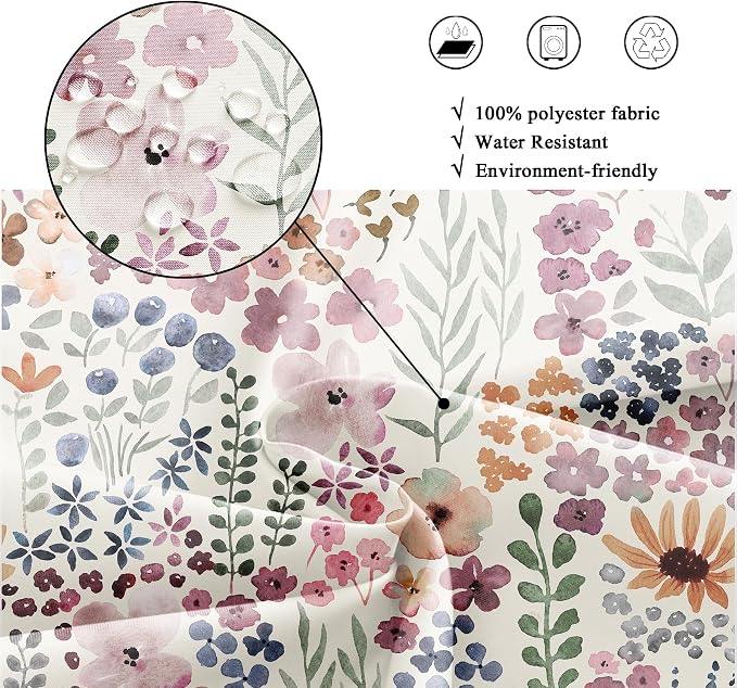 Cute Floral Flower Watercolor Spring Botanical Bathroom Shower Curtain Set | 72"W x 72"H Rustic Plant; waterproof HD print, quick-dry fabric with 12 hooks for easy hanging.