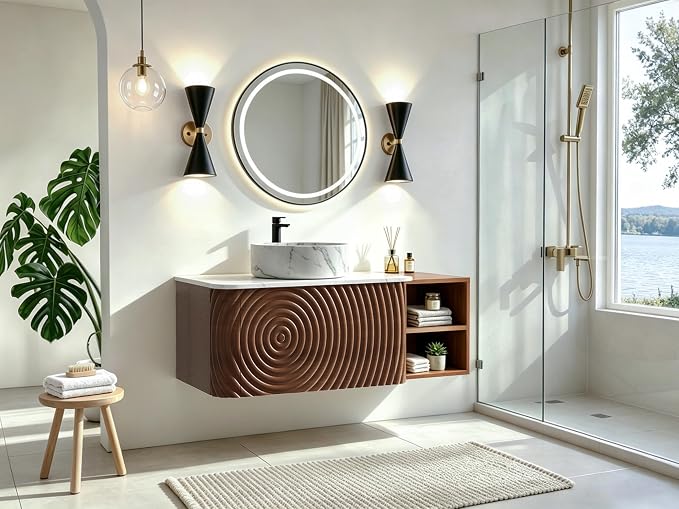 42" Floating Bathroom Vanity with Sink, Mid-Century Wall Mounted Bathroom Vanity Cabinet with Wood Waved Decor,Marble Ceramic Basin and Sintered Stone Top, Soft Close Drawer, Side Open Cube