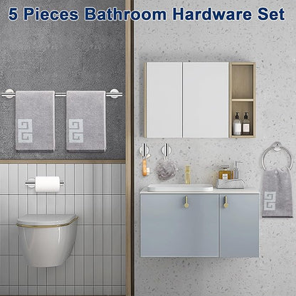NearMoon 5 Pieces Bathroom Hardware Set SUS304 Thicken Stainless Steel-Towel Rack Kit Include 24" Towel Rod + Bath Towel Ring + Toilet Paper Holder + Robe Towel Hooks Bath Accessories (Chrome Finish)