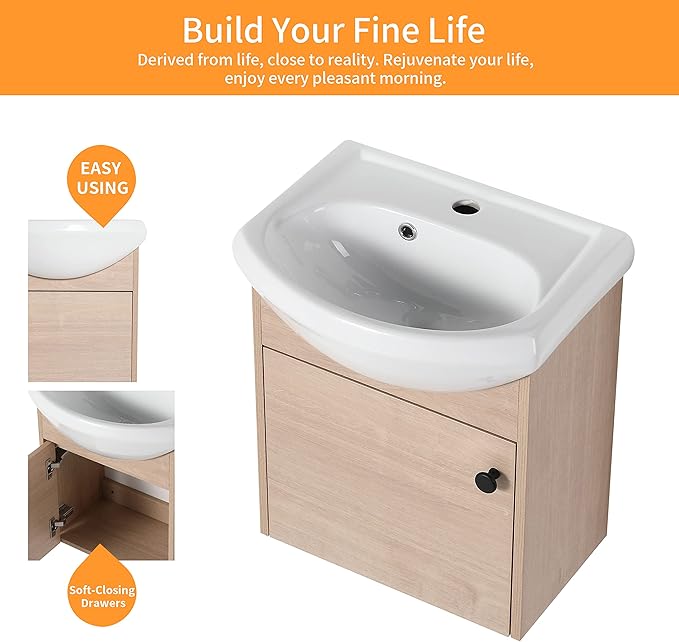 18" Bathroom Vanity with Sink for Small Space, Floating Mordern Bathroom Vanity with Soft Close Door, Bathroom Sink Vanity Combo,Wall Mounted Bathroom Vanities