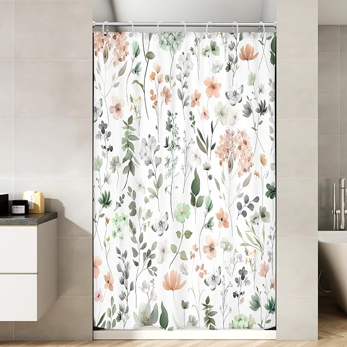 Cute Green Pink Floral Stall Single Wildflower Bathroom Shower Curtain Set | 54"W x 78"H Watercolor Boho; waterproof HD print, quick-dry fabric and plastic hooks for easy setup.