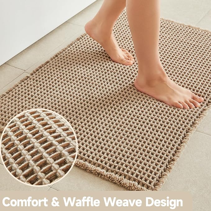 TYUU Waffle Bath Mat, Small Boho Bathroom Rugs Non Slip 24x16 Beige | Super Absorbent Quick Dry Bath Rug, Non-Slip Backing, Soft Waffle Washable Farmhouse Bathroom Mats, Tub, Shower & Home Decor
