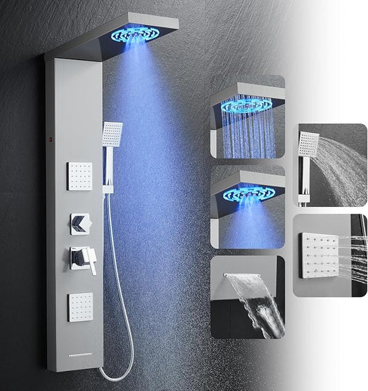 ROVOGO Shower Panel Tower System with Led Lights, 2-Setting Shower Head, Body Jets, Handheld and Tub Spout, Stainless Steel Shower Column with Mixer Valve, 46.5", Brushed