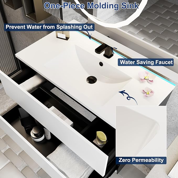eclife 36" Bathroom Vanity Cabinet with Undermount White Sink Combo, Wall Mounted Floating Bathroom Cabinet with Colors Mixed Style, 2 Big Drawers & Matte Black Faucet