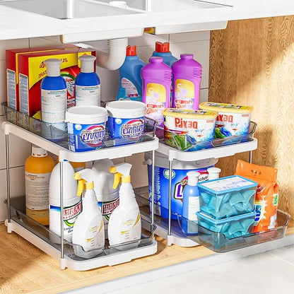 Delamu 2-Tier Multi-Purpose Bathroom Under Sink Organizers and Storage, Stackable Kitchen Pantry Organization, Pull Out Medicine Cabinet Organizer with Movable Dividers, Grey, 4 Pack