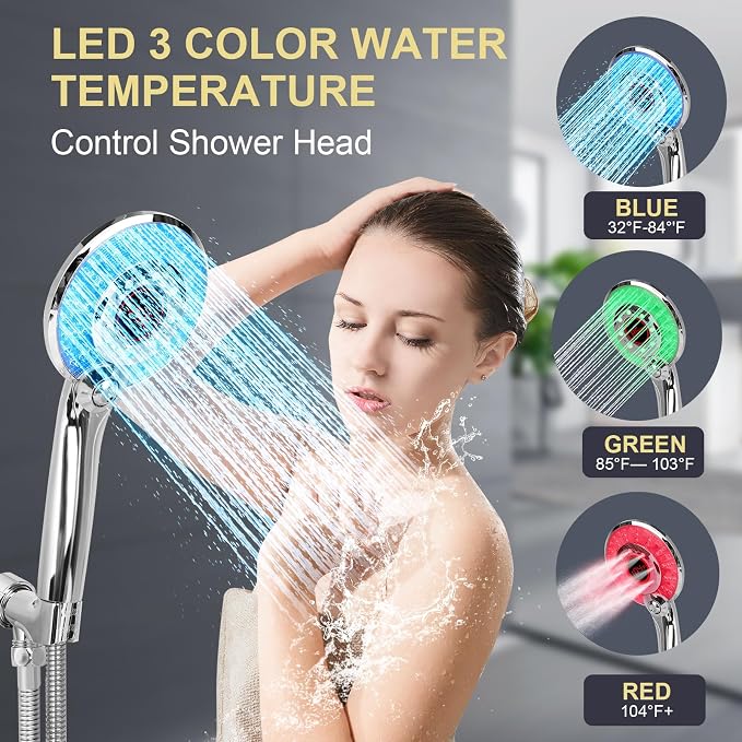 LED Shower head with Temperature Display with 59" Stainless Steel Hose | Temperature Display Sensor Light up with 3 Color, Water Saving Showerhead with Shower Adapter
