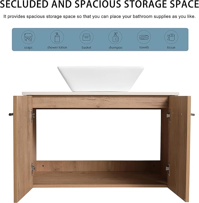 30" Floating Vanity with Sink, 30 Inch Bathroom Vanity with Sink, Modern Plywood Floating Cabinet with Sintered Stone Countertop and White Ceramic Basin, Soft Close Doors